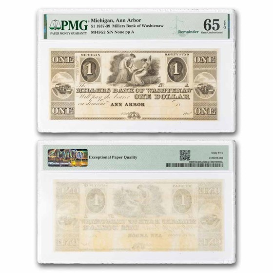 1830s $1 Miller's Bank of Washtenaw, Ann Arbor MI CU-65 EPQ PMG