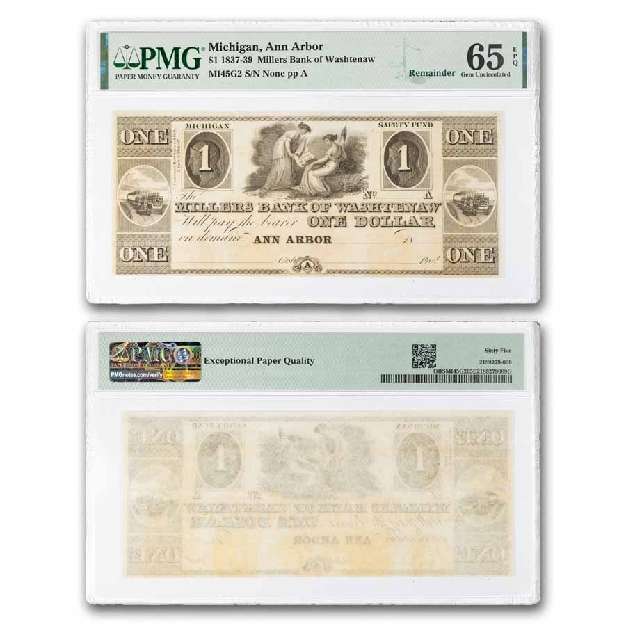 1830s $1 Miller's Bank of Washtenaw, Ann Arbor MI CU-65 EPQ PMG