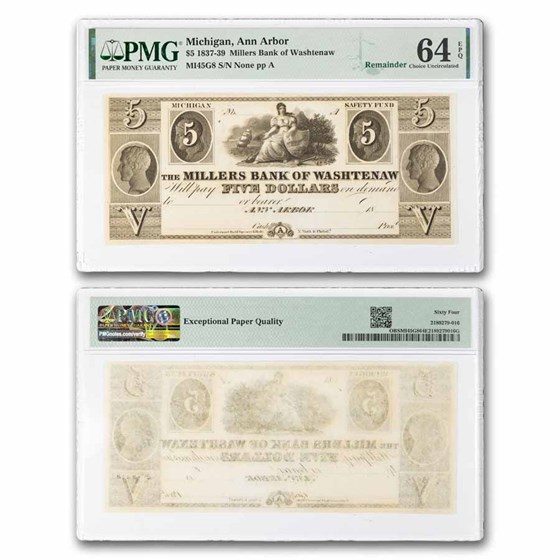 1830s $5 Miller's Bank of Washtenaw, Ann Arbor MI CU-64 EPQ PMG