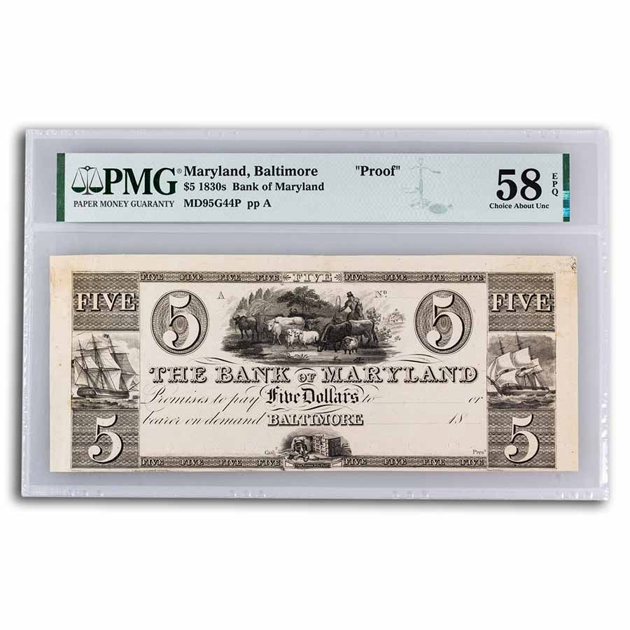 Buy 1830s $5 The Bank of Maryland Baltimore, MD AU-58 EPQ PMG (Proof ...