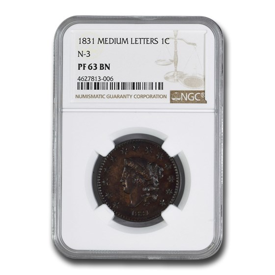 1831 Large Cent PF-63 NGC (BN, Medium Letters, N-3) 1831 Large Cent PF-63 NGC (BN, Medium Letters, N-3)