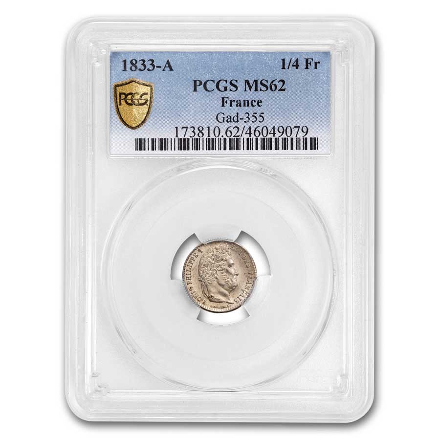 1833-A Kingdom of France AR 1/4 Franc Louis-Philippe MS-62 PCGS