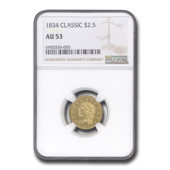 1834 $2.50 Gold Classic Head Quarter Eagle AU-53 NGC 1834 $2.50 Gold Classic Head Quarter Eagle AU-53 NGC