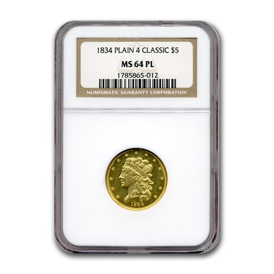 1834 $5 Classic Head Gold Half Eagle MS-64 NGC (PL, Plain 4) 1834 $5 Classic Head Gold Half Eagle MS-64 NGC (PL, Plain 4)