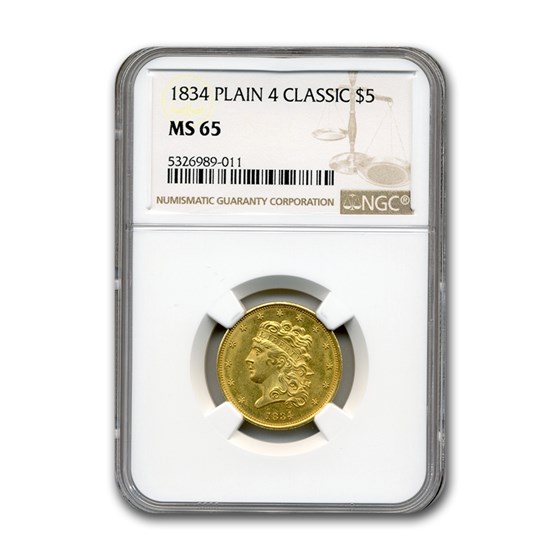 1834 $5 Classic Head Gold Half Eagle MS-65 NGC (Plain 4) 1834 $5 Classic Head Gold Half Eagle MS-65 NGC (Plain 4)