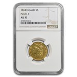 1834 $5 Gold Classic Head Half Eagle AU-53 NGC (Plain 4)