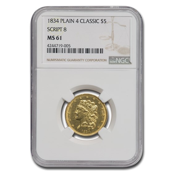 1834 $5 Gold Classic Head Half Eagle MS-61 NGC (Plain 4 Script 8) 1834 $5 Gold Classic Head Half Eagle MS-61 NGC (Plain 4 Script 8)