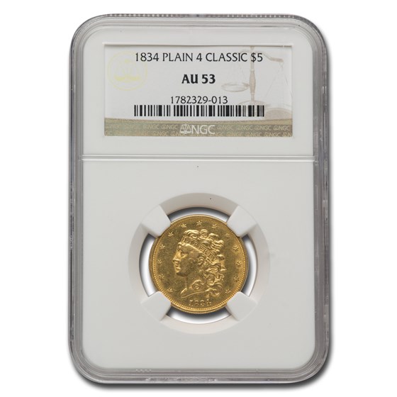 1834 $5 Gold Classic Head Half Eagle Plain 4 AU-53 NGC 1834 $5 Gold Classic Head Half Eagle Plain 4 AU-53 NGC