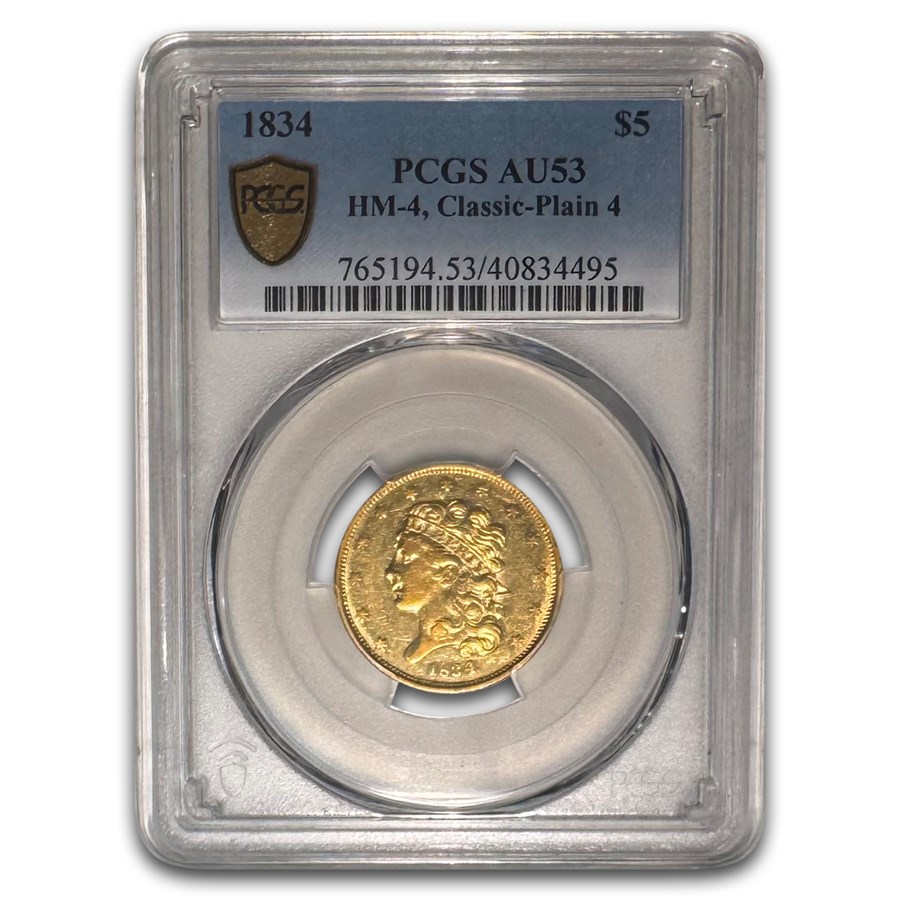 1834 $5 Gold Classic Head Half Eagle Plain 4 AU-53 PCGS