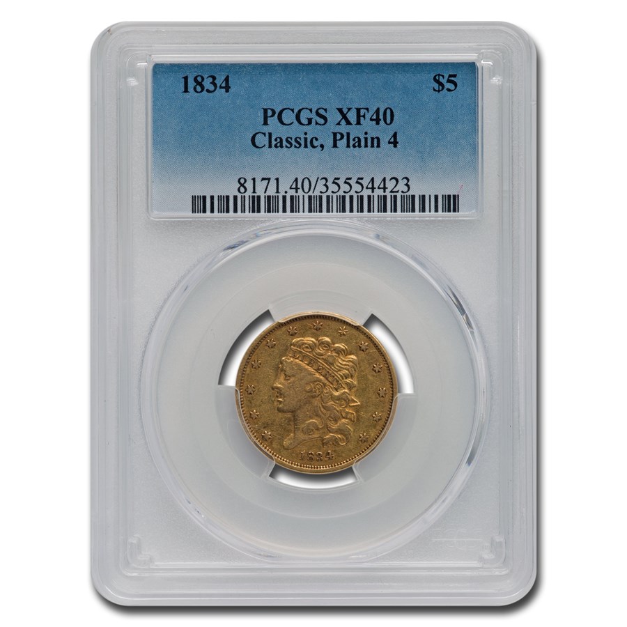 1834 $5 Gold Classic Head Half Eagle Plain 4 XF-40 PCGS