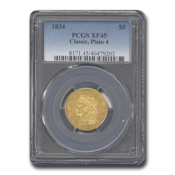 1834 $5 Gold Classic Head Half Eagle Plain 4 XF-45 PCGS 1834 $5 Gold Classic Head Half Eagle Plain 4 XF-45 PCGS