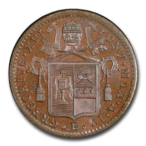 1834-B Italy Papal States 1/2 Baiocco MS-65+ PCGS (Brown) 1834-B Italy Papal States 1/2 Baiocco MS-65+ PCGS (Brown)