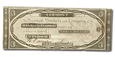 1834 Bank of Windsor, VT $3.00 Note VT-280 Ch AU 1834 Bank of Windsor, VT $3.00 Note VT-280 Ch AU