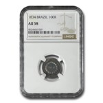 1834 Brazil Silver 100 Reis AU-58 NGC