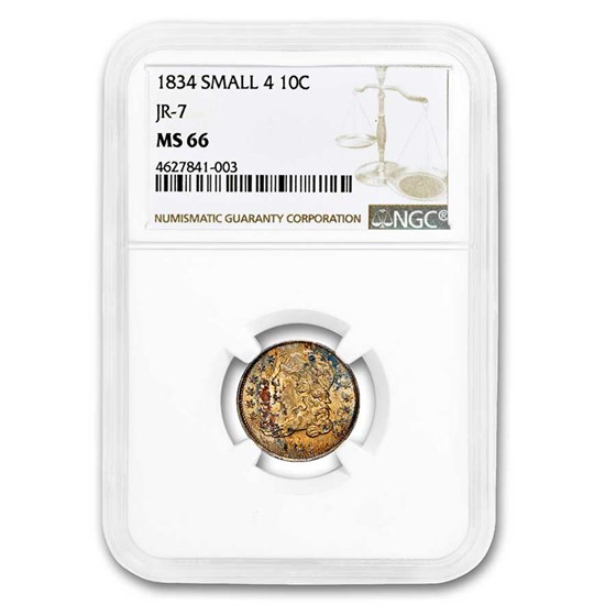1834 Capped Bust Dime MS-66 NGC (Small 4, JR-7) 1834 Capped Bust Dime MS-66 NGC (Small 4, JR-7)