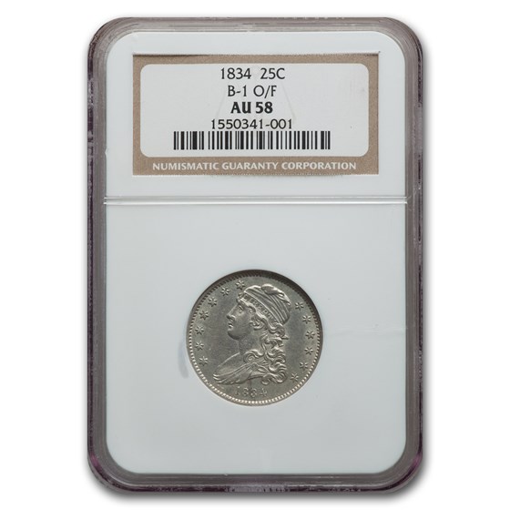 1834 Capped Bust Quarter AU-58 NGC (B-1, O/F) 1834 Capped Bust Quarter AU-58 NGC (B-1, O/F)