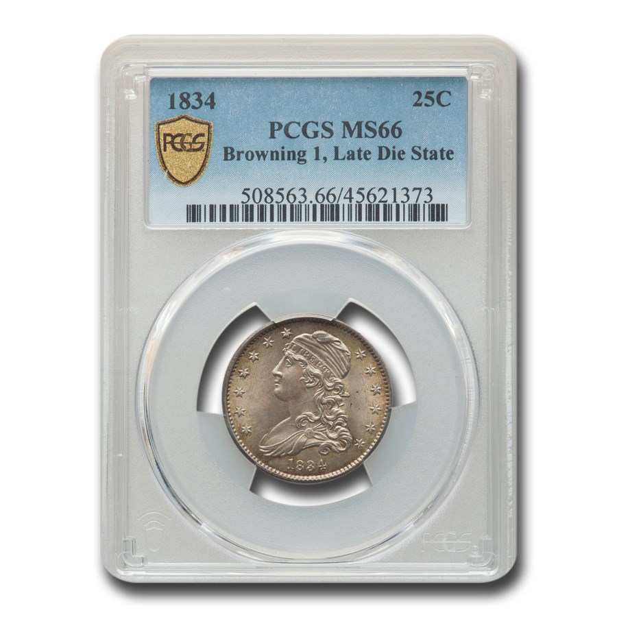 1834 Capped Bust Quarter MS-66 PCGS (Browning 1, Late Die State)