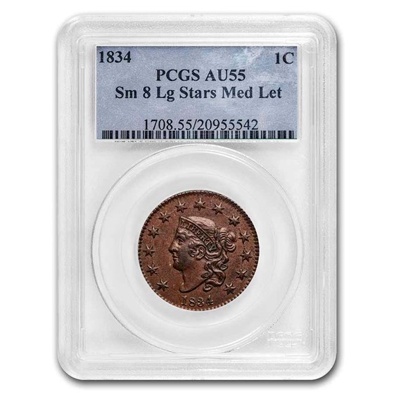 1834 Large Cent AU-55 PCGS (Sm 8, Lg Stars, Med Letters) 1834 Large Cent AU-55 PCGS (Sm 8, Lg Stars, Med Letters)