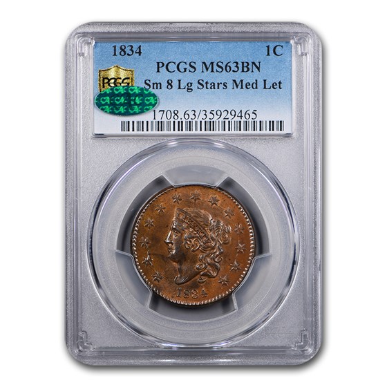 1834 Large Cent MS-63 PCGS CAC (BN, Sm 8, Lg Stars Med Letters) 1834 Large Cent MS-63 PCGS CAC (BN, Sm 8, Lg Stars Med Letters)