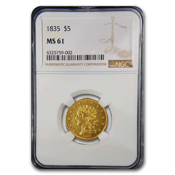 1835 $5.00 Classic Head Gold Half Eagle MS-61 NGC 1835 $5.00 Classic Head Gold Half Eagle MS-61 NGC