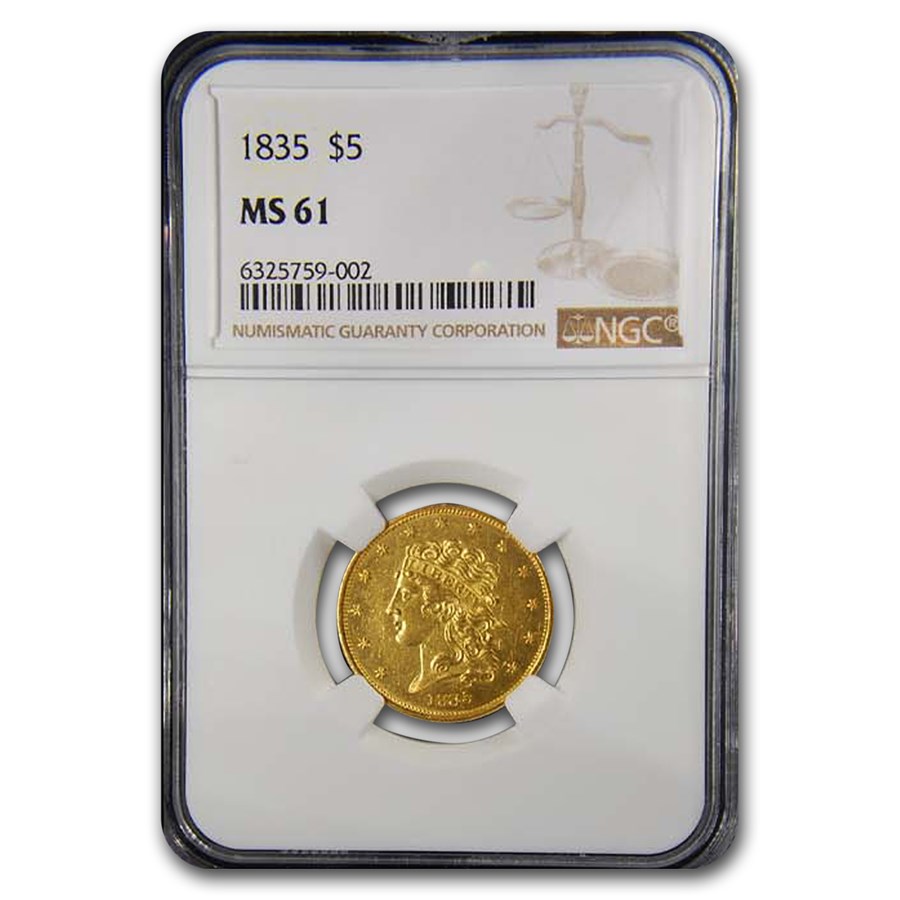 1835 $5.00 Classic Head Gold Half Eagle MS-61 NGC