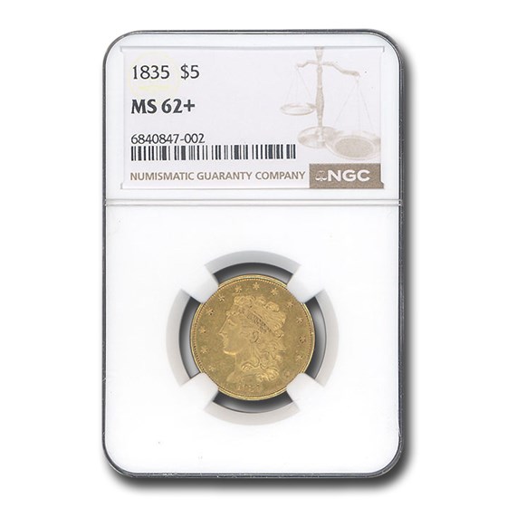 1835 $5 Gold Classic Head Half Eagle MS-62+ NGC