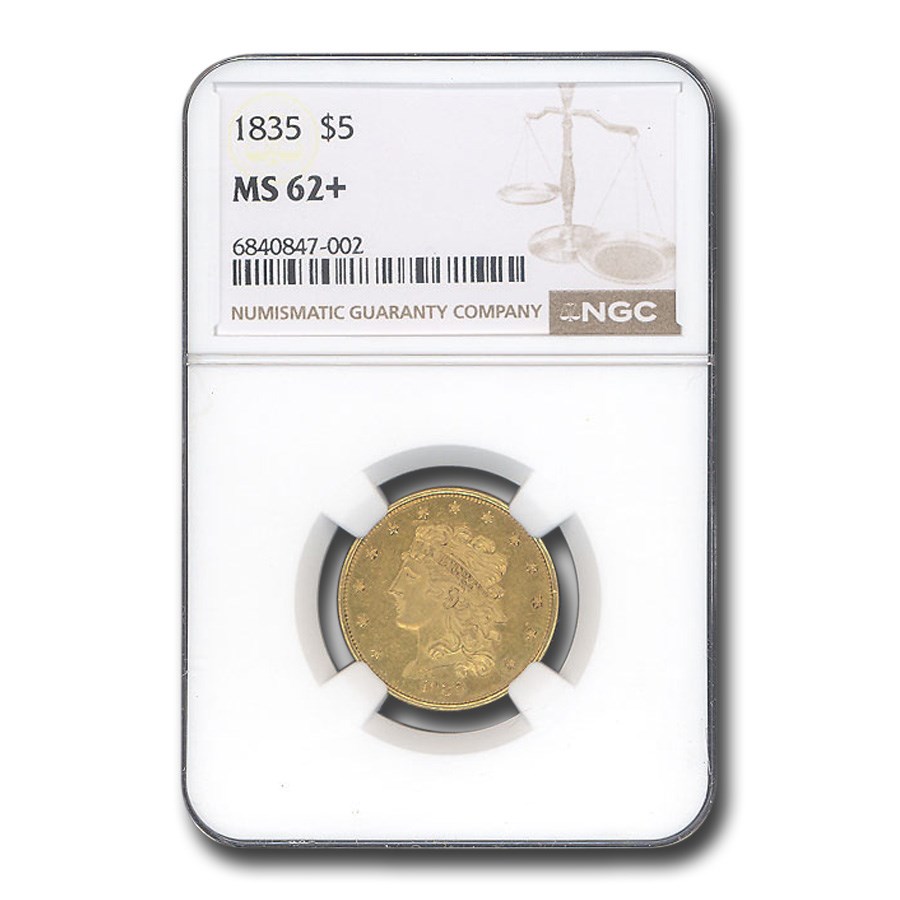 1835 $5 Gold Classic Head Half Eagle MS-62+ NGC