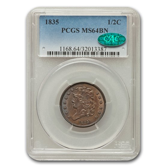 1835 Capped Bust Half Cent MS-64 PCGS CAC (Brown) 1835 Capped Bust Half Cent MS-64 PCGS CAC (Brown)
