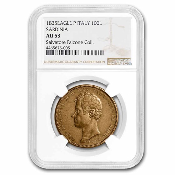 1835 Eagle P Sardinia Gold 100 Lire Carlo Alberto AU-53 NGC 1835 Eagle P Sardinia Gold 100 Lire Carlo Alberto AU-53 NGC