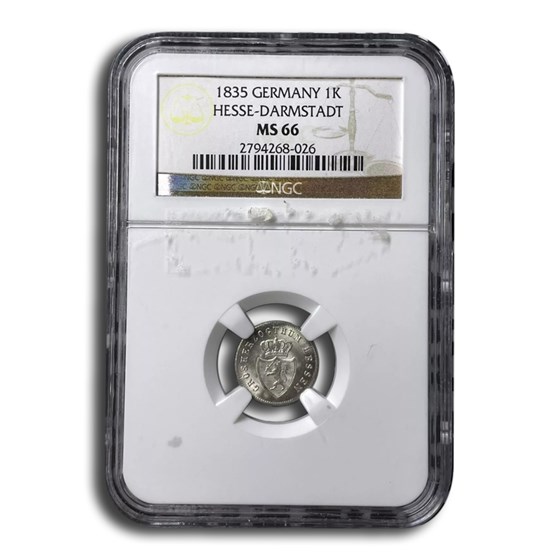 1835 Germany Silver 1 Kreuzer MS-66 NGC (Hesse-Darmstadt) 1835 Germany Silver 1 Kreuzer MS-66 NGC (Hesse-Darmstadt)