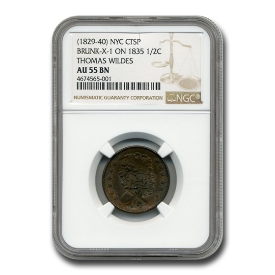 1835 Half Cent AU-55 BN NGC (Thomas Wildes Counterstamp) 1835 Half Cent AU-55 BN NGC (Thomas Wildes Counterstamp)