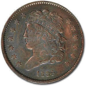 1835 Half Cent XF Details (Light Cleaning, Repunched Date) 1835 Half Cent XF Details (Light Cleaning, Repunched Date)