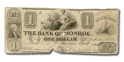 1835 The Bank of Monroe @ Monroe $1 MI-280 Fine Sewn 1835 The Bank of Monroe @ Monroe $1 MI-280 Fine Sewn