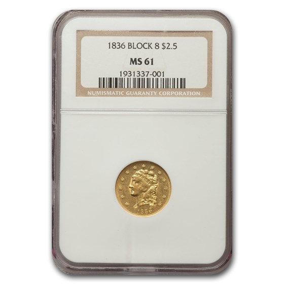 1836 $2.50 Classic Gold Quarter Eagle Block 8 MS-61 NGC 1836 $2.50 Classic Gold Quarter Eagle Block 8 MS-61 NGC