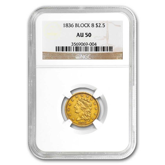 1836 $2.50 Gold Classic Head Block 8 AU-50 NGC 1836 $2.50 Gold Classic Head Block 8 AU-50 NGC