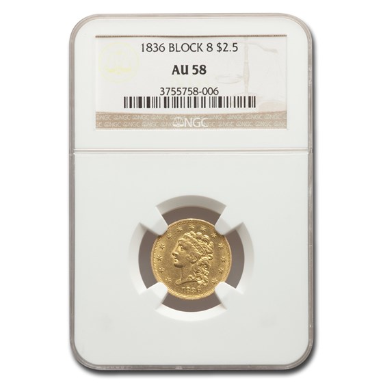 1836 $2.50 Gold Classic Head Block 8 AU-58 NGC 1836 $2.50 Gold Classic Head Block 8 AU-58 NGC