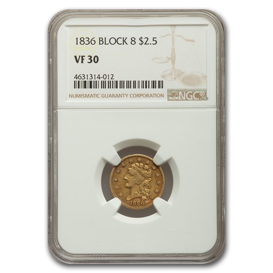 1836 $2.50 Gold Classic Head Block 8 VF-30 NGC 1836 $2.50 Gold Classic Head Block 8 VF-30 NGC