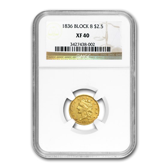 1836 $2.50 Gold Classic Head Block 8 XF-40 NGC 1836 $2.50 Gold Classic Head Block 8 XF-40 NGC