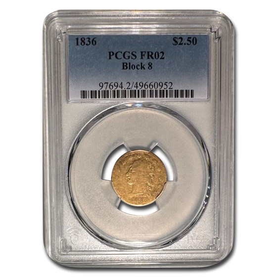 1836 $2.50 Gold Classic Head Quarter Eagle Fair-2 PCGS (Block 8) 1836 $2.50 Gold Classic Head Quarter Eagle Fair-2 PCGS (Block 8)
