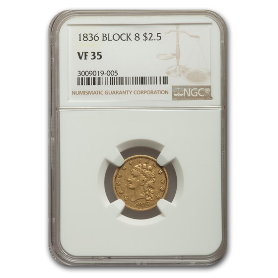 1836 $2.50 Gold Classic Head Quarter Eagle VF-35 NGC (Block 8)