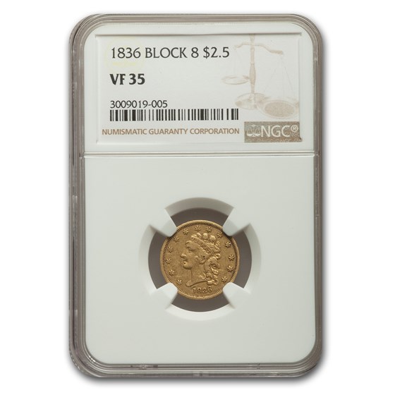 1836 $2.50 Gold Classic Head Quarter Eagle VF-35 NGC (Block 8) 1836 $2.50 Gold Classic Head Quarter Eagle VF-35 NGC (Block 8)