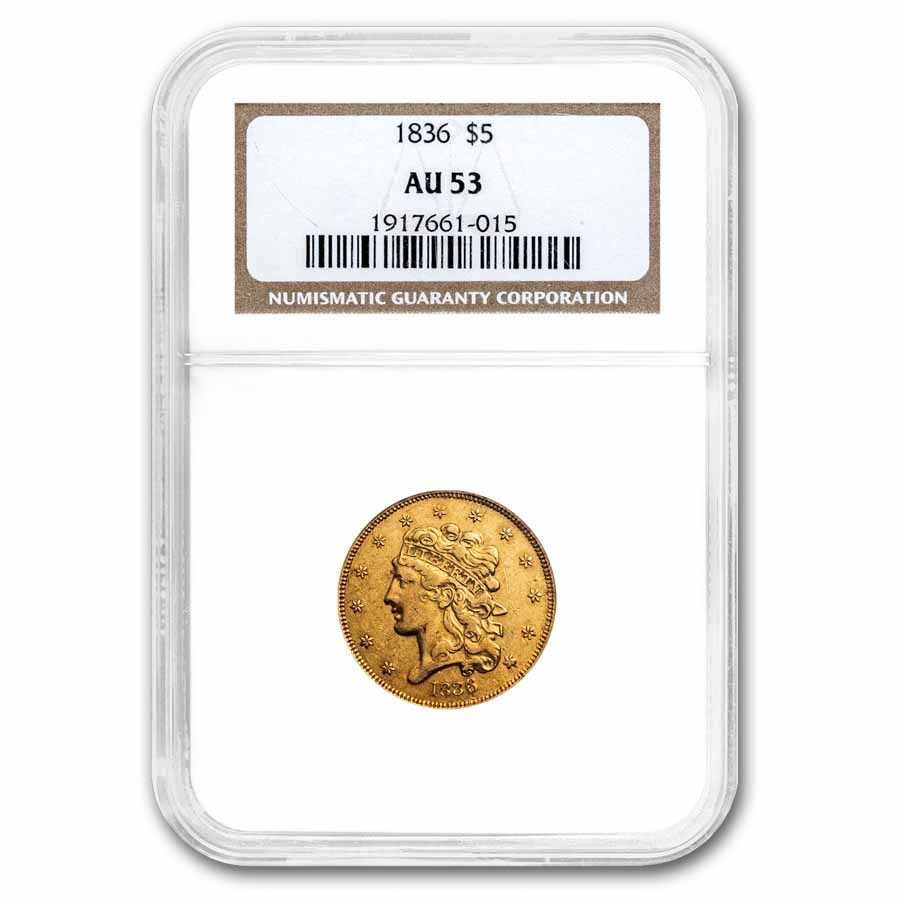 1836 $5 Gold Classic Head Half Eagle AU-53 NGC