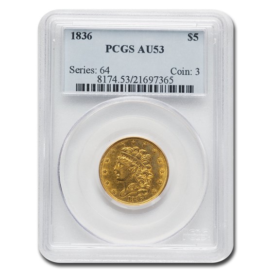 1836 $5 Gold Classic Head Half Eagle AU-53 PCGS