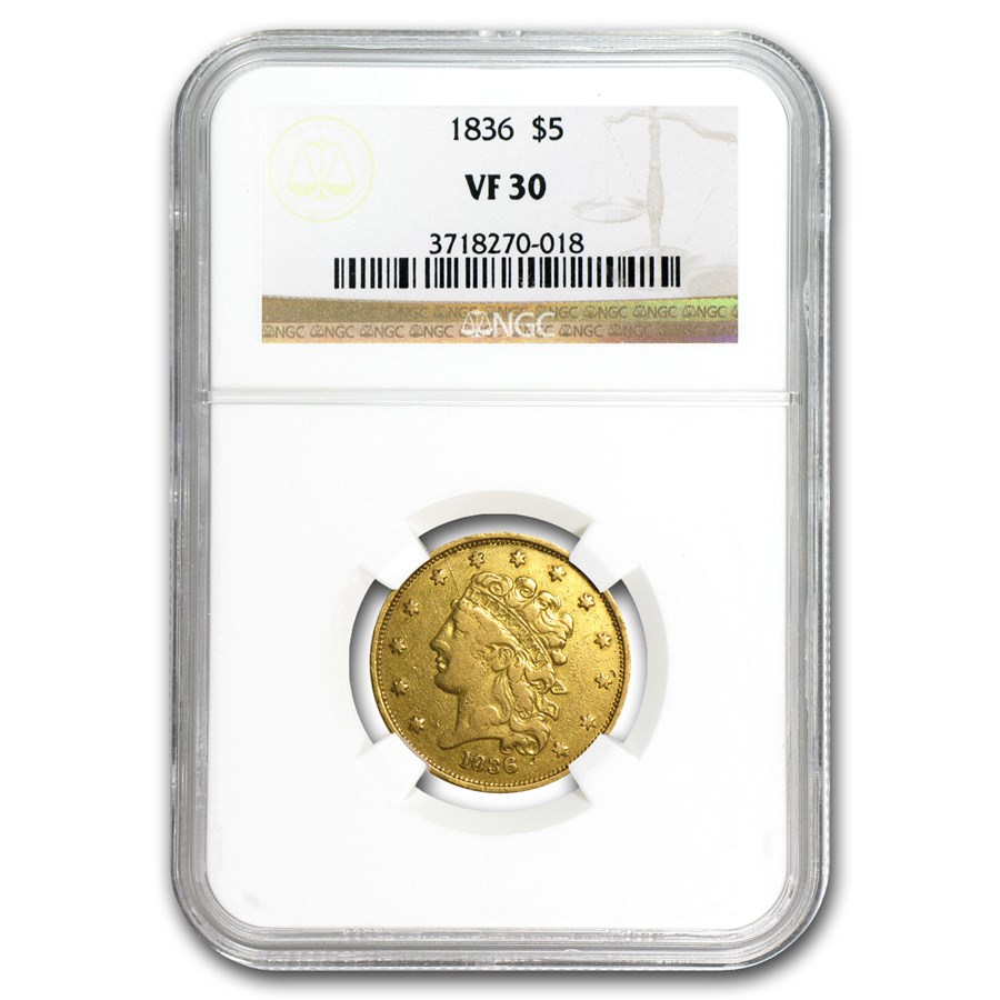 1836 $5 Gold Classic Head Half Eagle VF-30 NGC