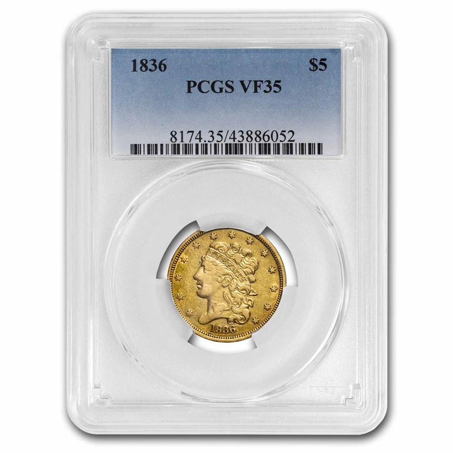 1836 $5 Gold Classic Head Half Eagle VF-35 PCGS