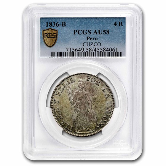 1836-B Peru CUZCO Silver 4 Reales AU-58 PCGS 1836-B Peru CUZCO Silver 4 Reales AU-58 PCGS