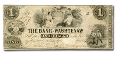 1836 Bank of Washtenaw, MI $1 MI-50, VG 1836 Bank of Washtenaw, MI $1 MI-50, VG