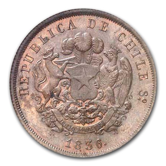 1836 Chile Republic Bronze 8 Escudos Pattern MS-64 NGC (Brown) 1836 Chile Republic Bronze 8 Escudos Pattern MS-64 NGC (Brown)