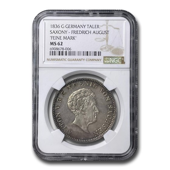 1836 Germany Silver Taler August MS-62 NGC (Saxony) 1836 Germany Silver Taler August MS-62 NGC (Saxony)