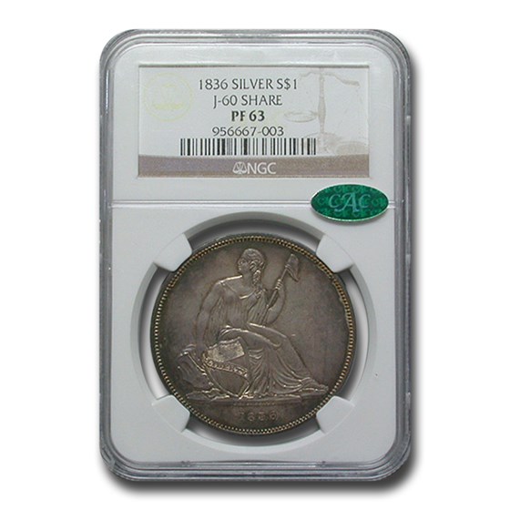 1836 Gobrecht Liberty Seated Dollar PF-63 NGC CAC (J-60 Silver) 1836 Gobrecht Liberty Seated Dollar PF-63 NGC CAC (J-60 Silver)